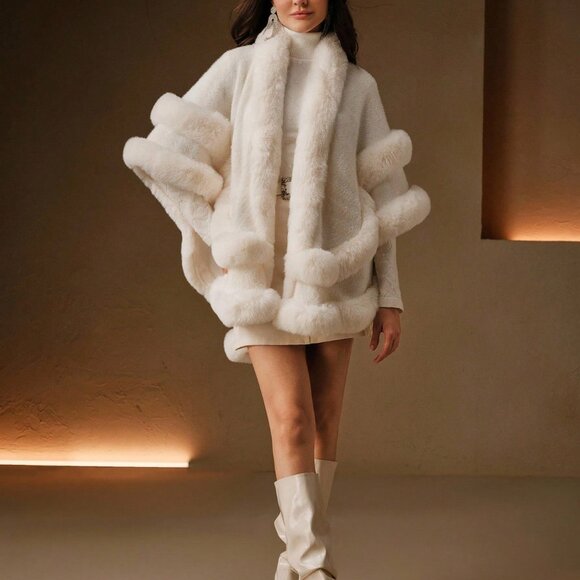 elegant Statement maker Women's faux fur trimmed knit Shawl - Picture 4 of 9